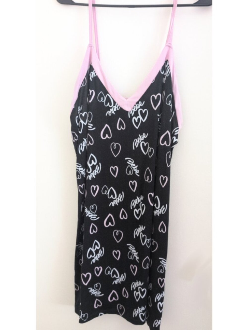 Bebe Black Pajama Dress Pink Sleepwear Heart Babydoll Cami V Neck Sz LARGE Gyaru